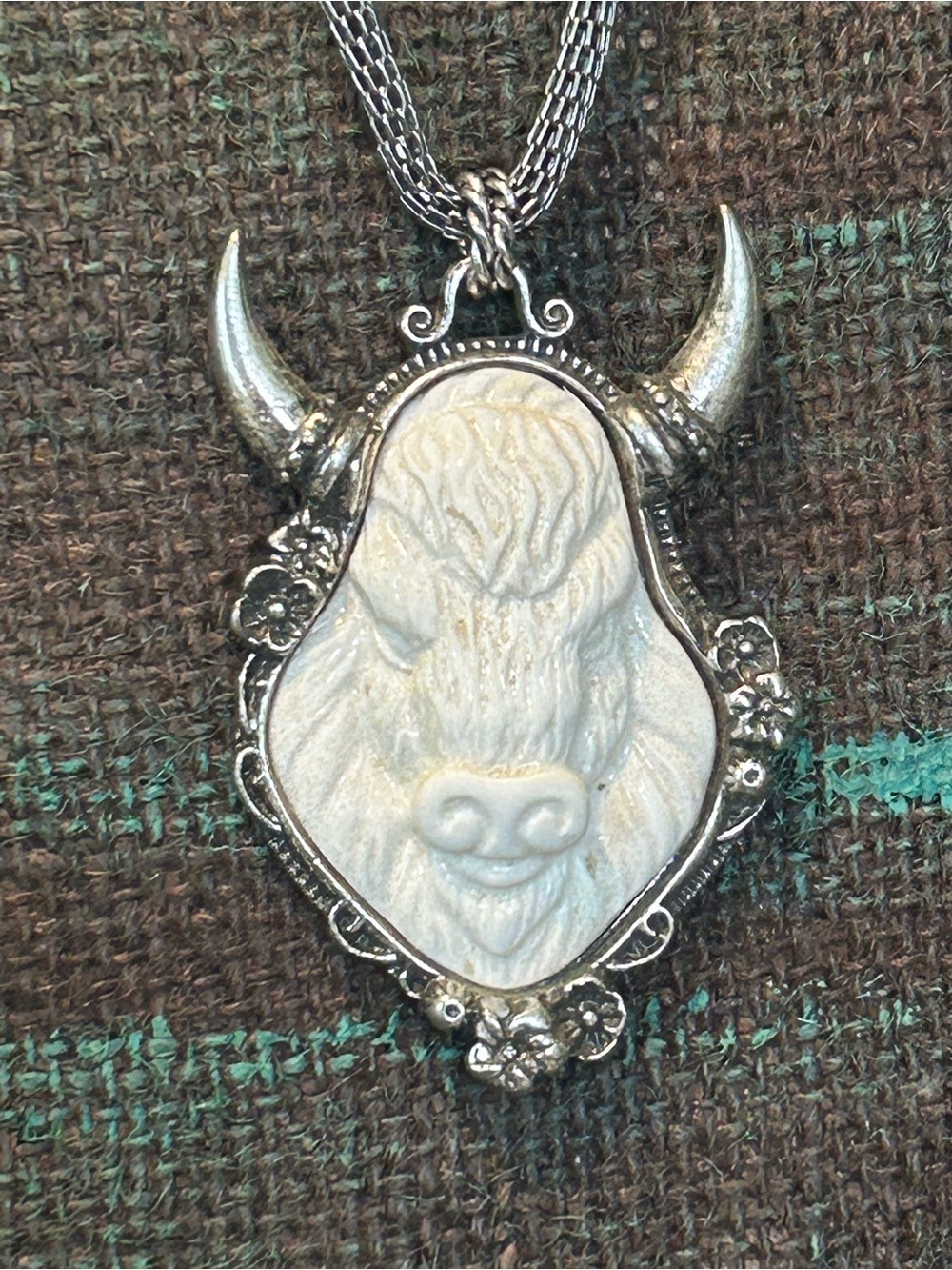 Buffalo Cameo Pendant Necklace in Silver and Ivory
